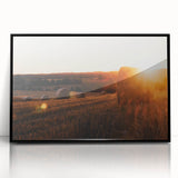 Rustic Farm Landscape Wall Art – Sunlit Hay Bales in a Golden Field