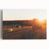 Rustic Farm Landscape Wall Art – Sunlit Hay Bales in a Golden Field