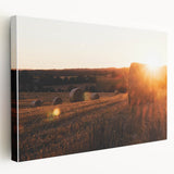 Rustic Farm Landscape Wall Art – Sunlit Hay Bales in a Golden Field