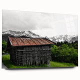 Rustic Mountain Cabin Wall Art – Weathered Wood Cabin with Alpine View