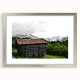 Rustic Mountain Cabin Wall Art – Weathered Wood Cabin with Alpine View