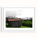 Rustic Mountain Cabin Wall Art – Weathered Wood Cabin with Alpine View