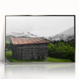 Rustic Mountain Cabin Wall Art – Weathered Wood Cabin with Alpine View