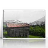 Rustic Mountain Cabin Wall Art – Weathered Wood Cabin with Alpine View
