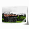 Rustic Mountain Cabin Wall Art – Weathered Wood Cabin with Alpine View