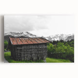 Rustic Mountain Cabin Wall Art – Weathered Wood Cabin with Alpine View