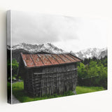 Rustic Mountain Cabin Wall Art – Weathered Wood Cabin with Alpine View