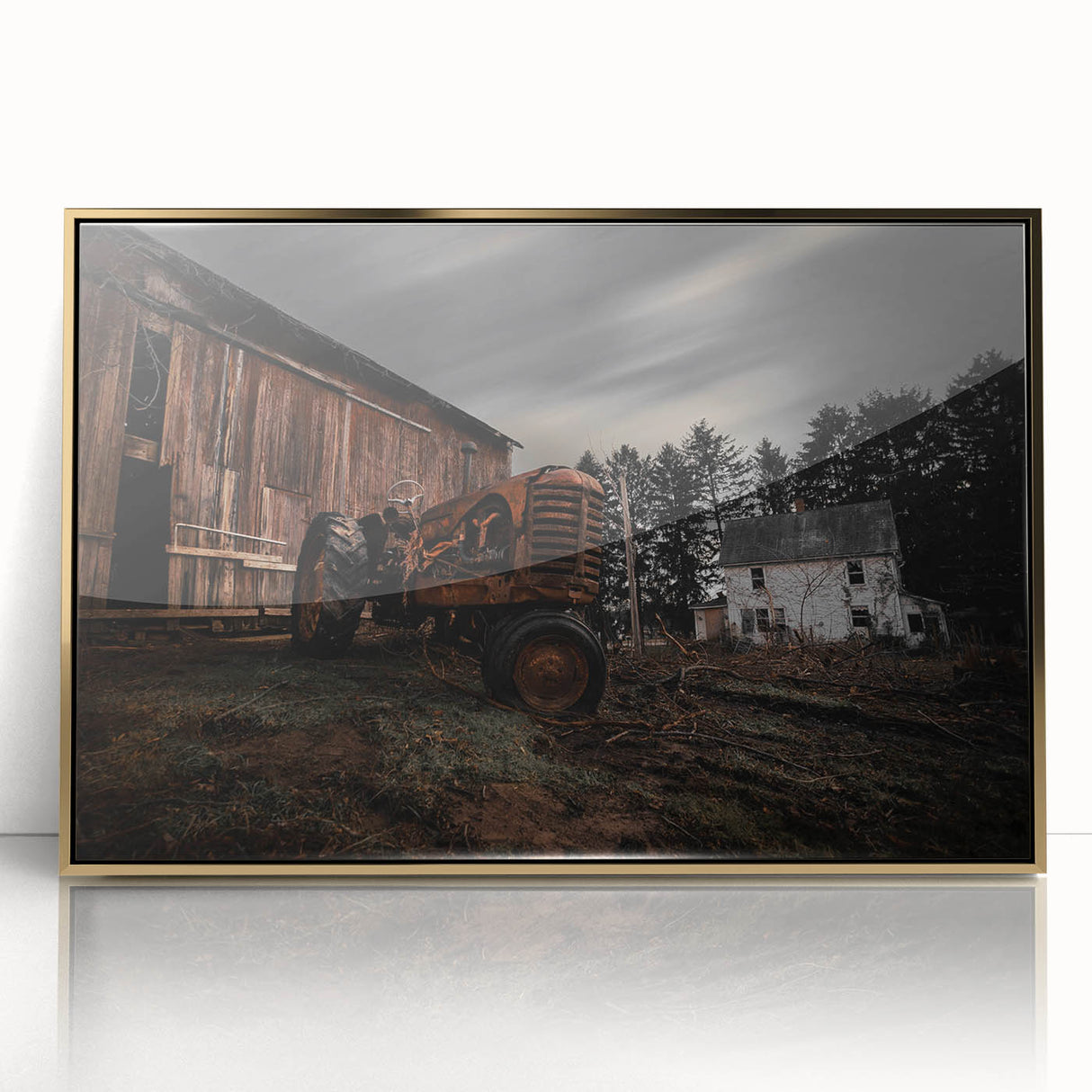 Rustic Farmhouse Wall Art – Vintage Tractor and Abandoned Barn Scene