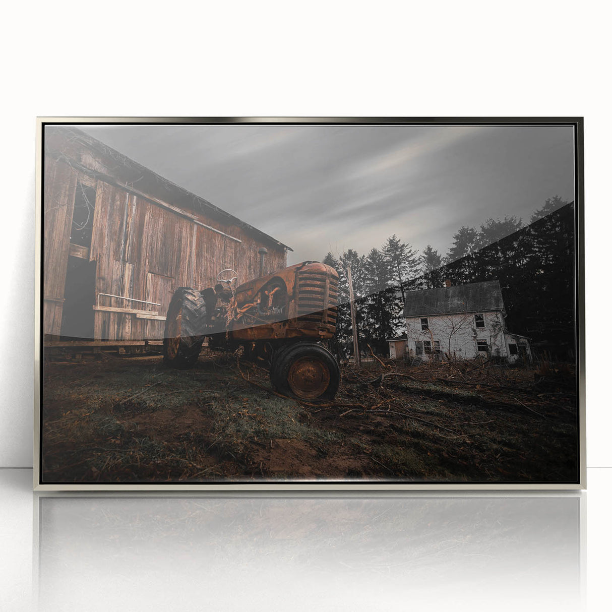 Rustic Farmhouse Wall Art – Vintage Tractor and Abandoned Barn Scene