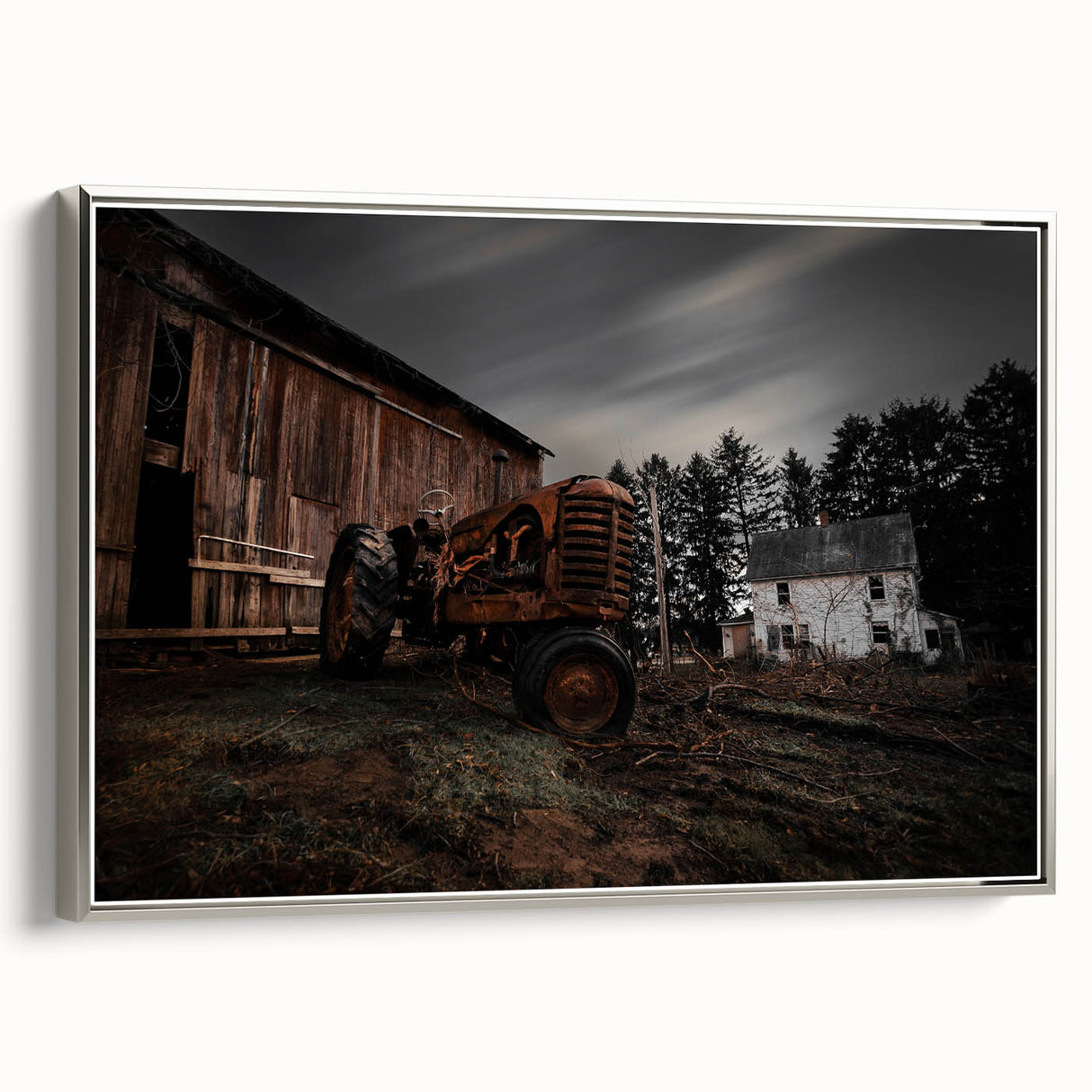 Rustic Farmhouse Wall Art – Vintage Tractor and Abandoned Barn Scene
