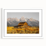 Rustic Barn with Mountain Range – Farmhouse Vintage Landscape Wall Art