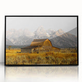 Rustic Barn with Mountain Range – Farmhouse Vintage Landscape Wall Art