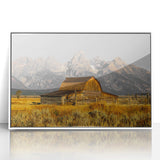 Rustic Barn with Mountain Range – Farmhouse Vintage Landscape Wall Art
