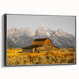 Rustic Barn with Mountain Range – Farmhouse Vintage Landscape Wall Art
