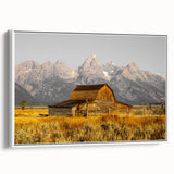 Rustic Barn with Mountain Range – Farmhouse Vintage Landscape Wall Art