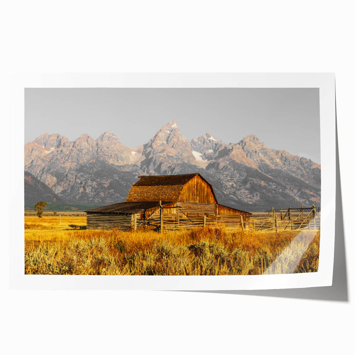 Rustic Barn with Mountain Range – Farmhouse Vintage Landscape Wall Art