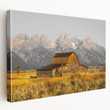 Rustic Barn with Mountain Range – Farmhouse Vintage Landscape Wall Art