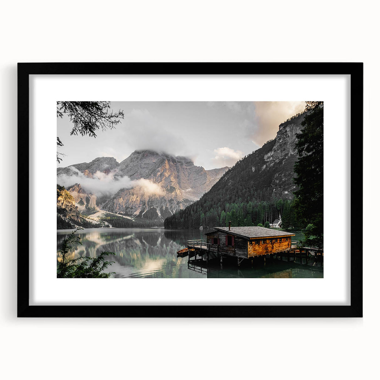 Rustic Mountain Cabin by Lake Wall Art | Farmhouse Decor | Nature Print