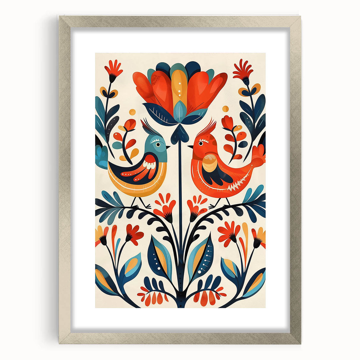 Scandinavian Wall Art | Vibrant Nordic Bird Floral Art Print | Hygge Style