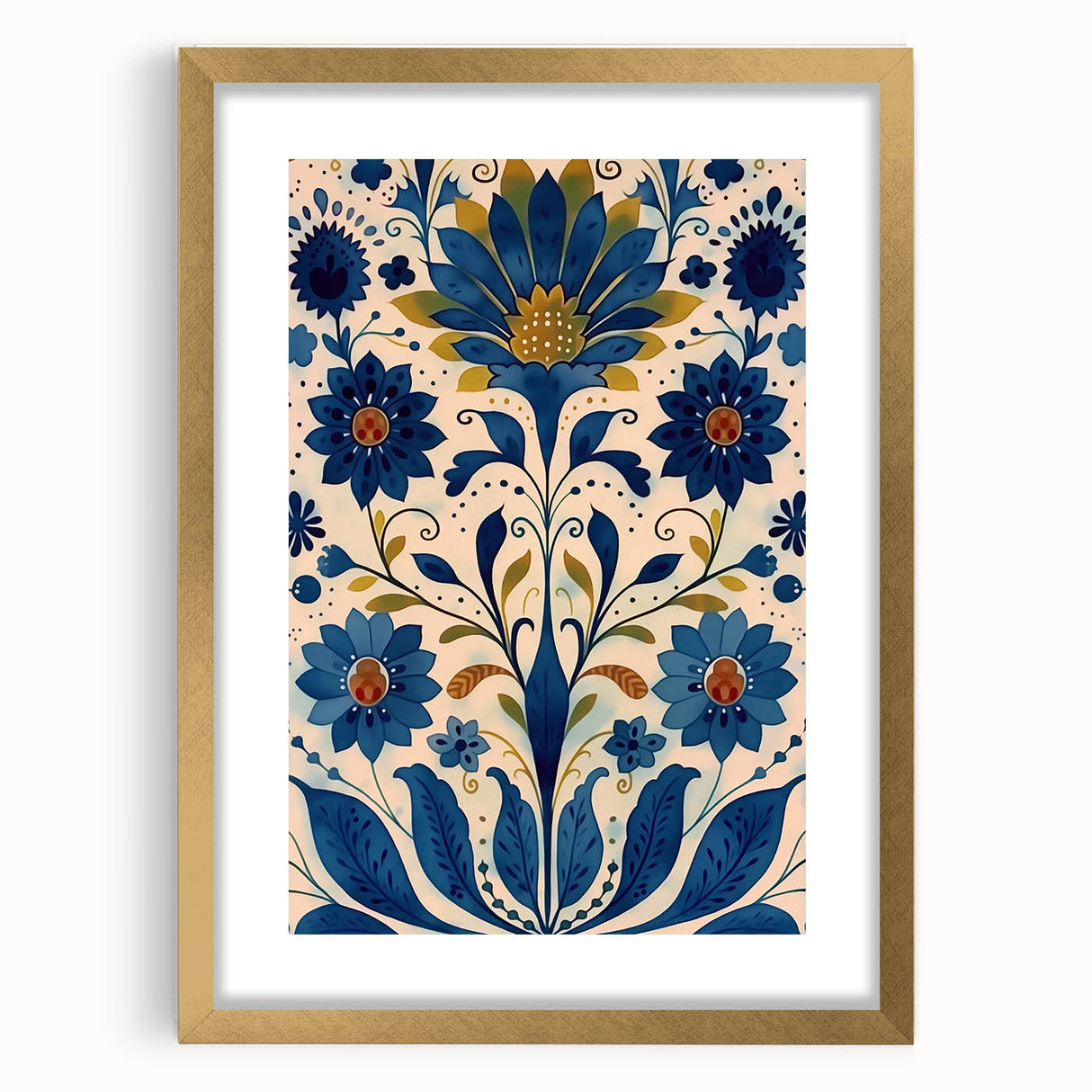 Scandinavian Wall Art | Blue and Gold Floral Nordic Art Print | Hygge