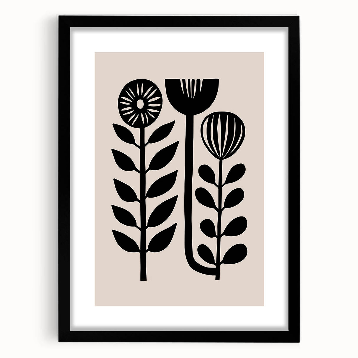 Scandinavian Wall Decor | Minimalist Black and Beige Floral Art | Hygge