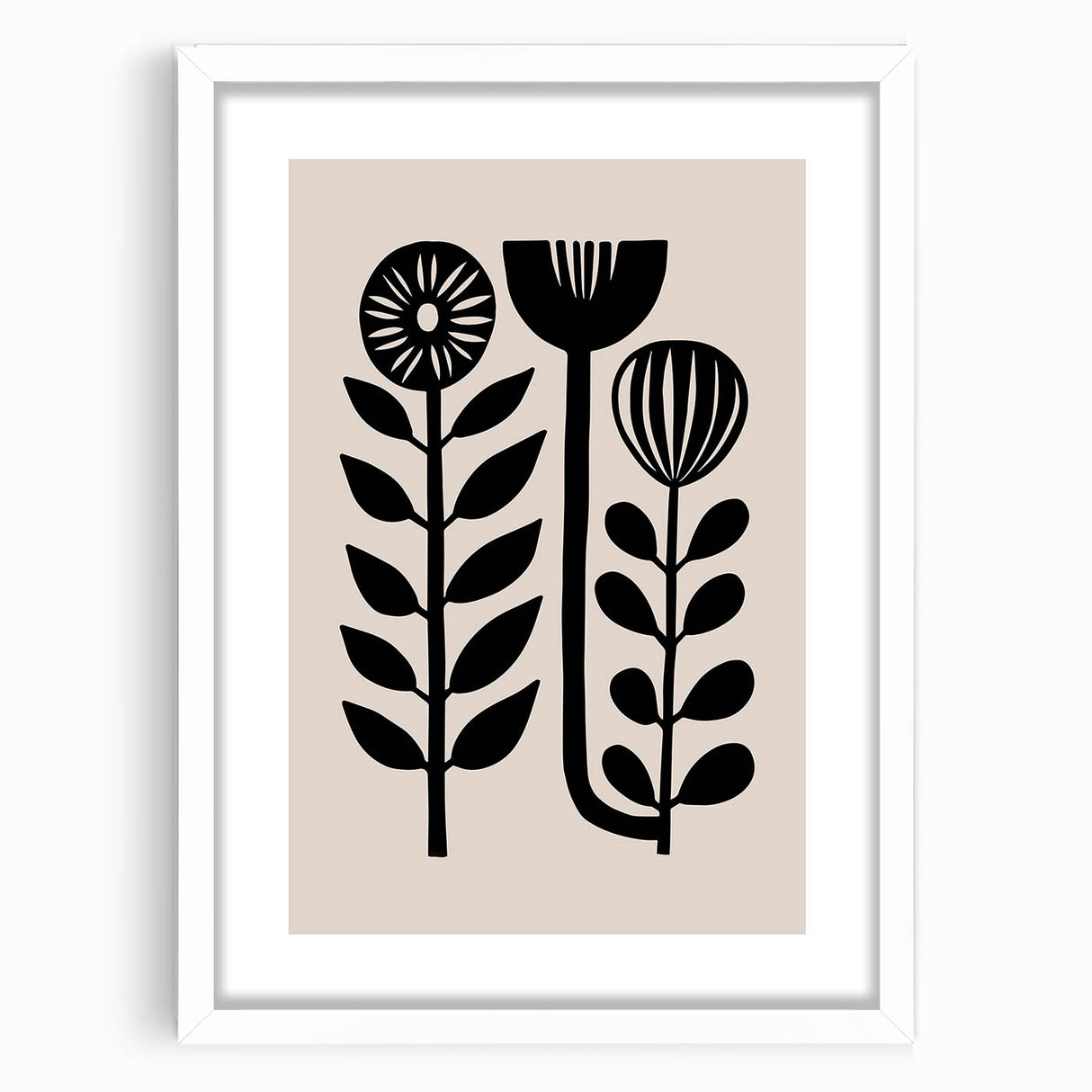 Scandinavian Wall Decor | Minimalist Black and Beige Floral Art | Hygge