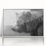 Framed wall art featuring a black bear design with a white matte finish, showcasing intricate details and vibrant colors, perfect for nature-themed decor.