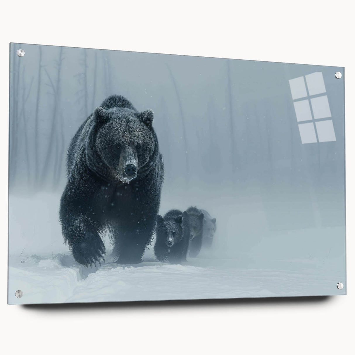 Acrylic wall art featuring a black bear design, showcased from the side view with pins for mounting. The artwork highlights intricate details and vibrant colors, perfect for nature enthusiasts and home decor.