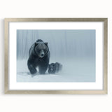 Framed black bear wall art design in a silver frame with matting, showcasing a detailed illustration of a bear, perfect for nature-themed decor.