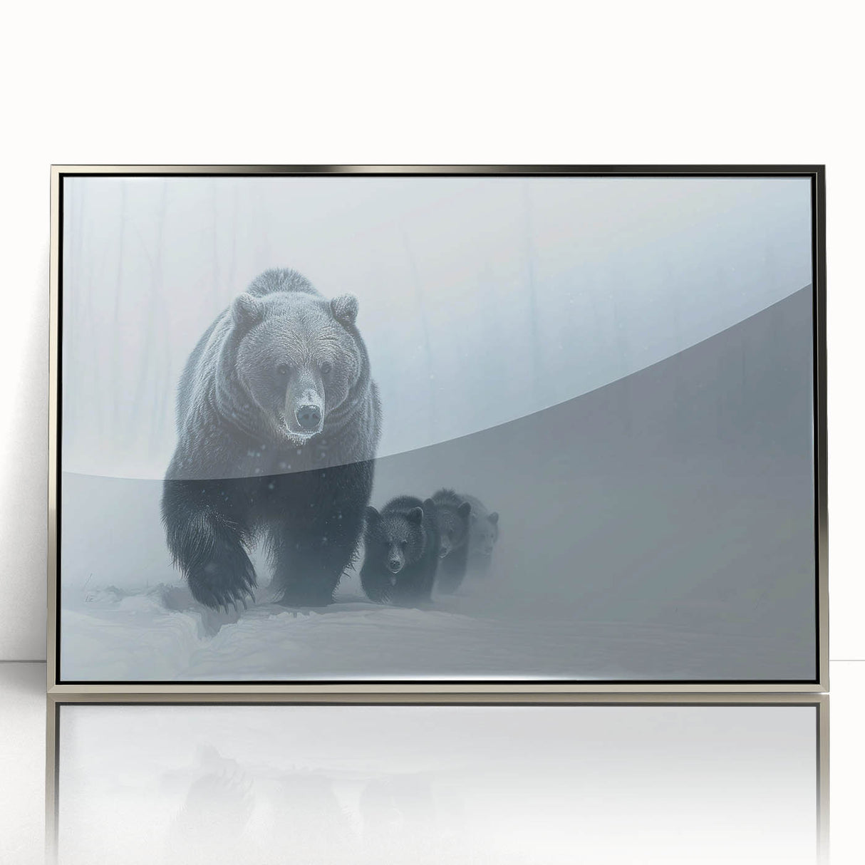 Framed wall art featuring a striking black bear design, showcasing intricate details and a sleek silver frame, ideal for nature lovers and home decor enthusiasts.