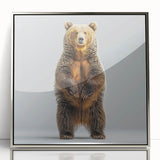 Framed acrylic wall art featuring a striking black bear design, set against a sleek silver frame, perfect for nature-themed home decor and wildlife enthusiasts.