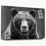 Black bear wall art design displayed on acrylic glass, showcasing a side view with pins for easy mounting. The artwork features vibrant colors and intricate details, perfect for wildlife enthusiasts and home decor.