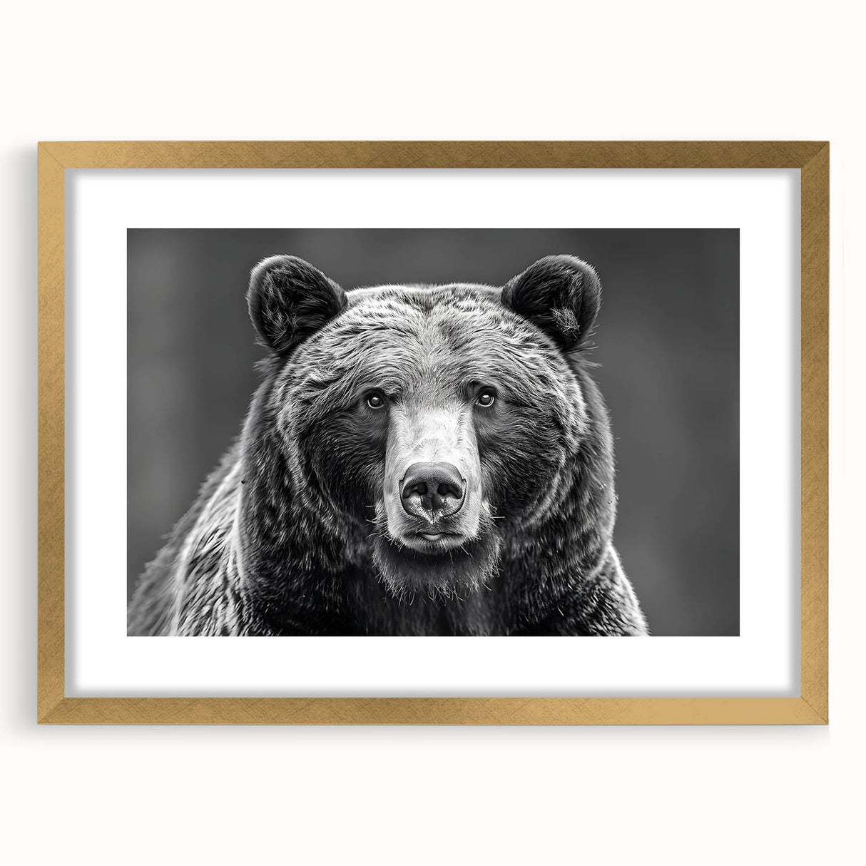 Framed wall art featuring a striking black bear design with a gold mat, perfect for nature lovers and home decor enthusiasts, presented in an elegant display.