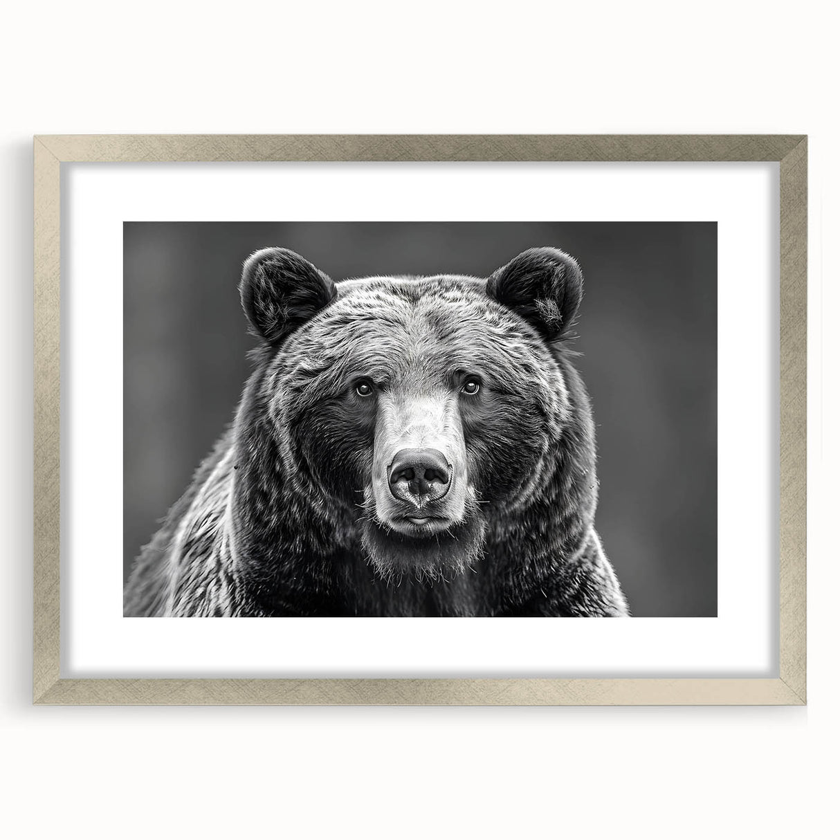 Framed black bear wall art featuring a silver mat, showcasing a detailed bear design against a neutral background, ideal for nature-themed decor.