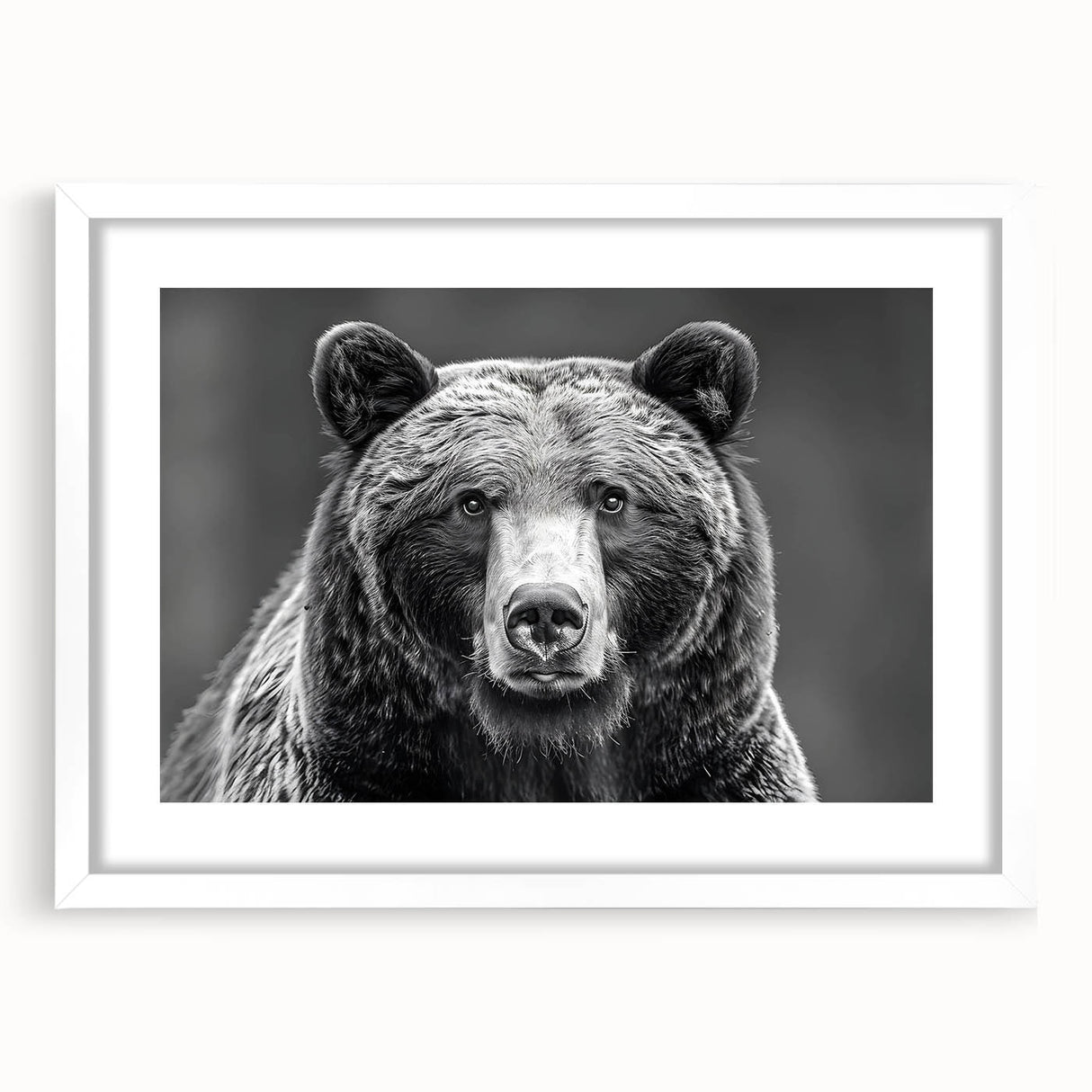 Black bear wall art print framed with a white mat, showcasing a striking black bear design against a clean backdrop, perfect for home decor and nature enthusiasts.