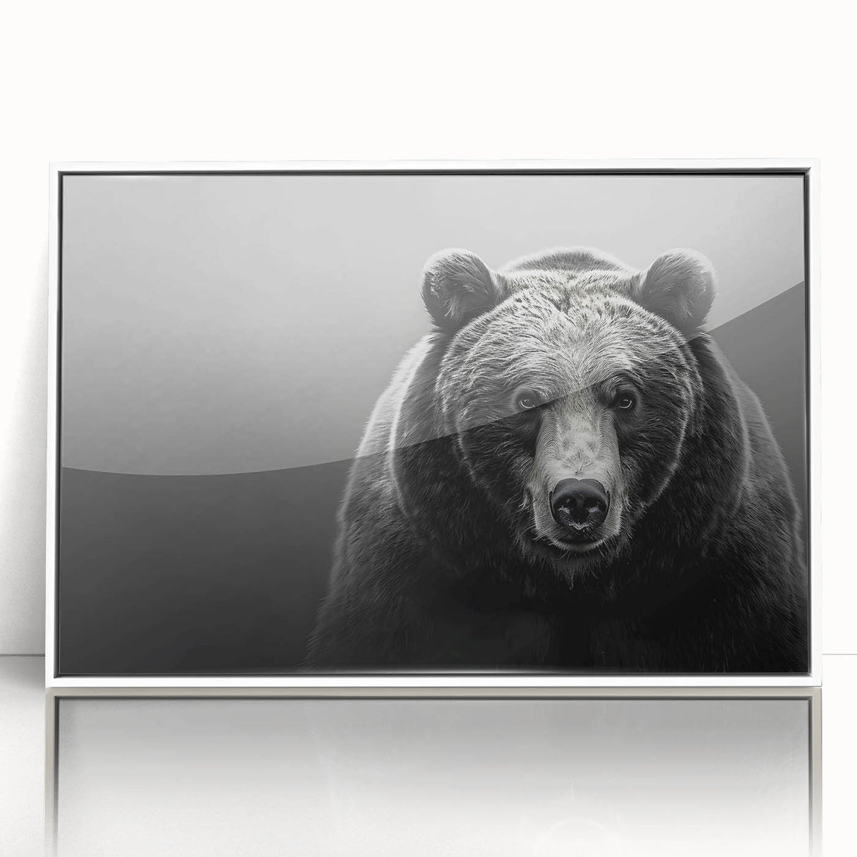 Framed wall art featuring a striking black bear design with a white border, displayed in an elegant acrylic frame, perfect for nature enthusiasts and home decor lovers.