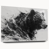Black bear wall art design displayed on acrylic glass, showcasing a side view with pin mounting. Ideal for nature-inspired decor and wildlife enthusiasts.