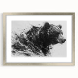 Black bear wall art design in a silver frame with matting, showcasing a detailed illustration of a bear against a minimalist background. Perfect for nature-themed decor.
