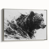 Framed wall art featuring a striking black bear design on a textured canvas, showcased with a sleek silver frame, ideal for nature-themed decor.