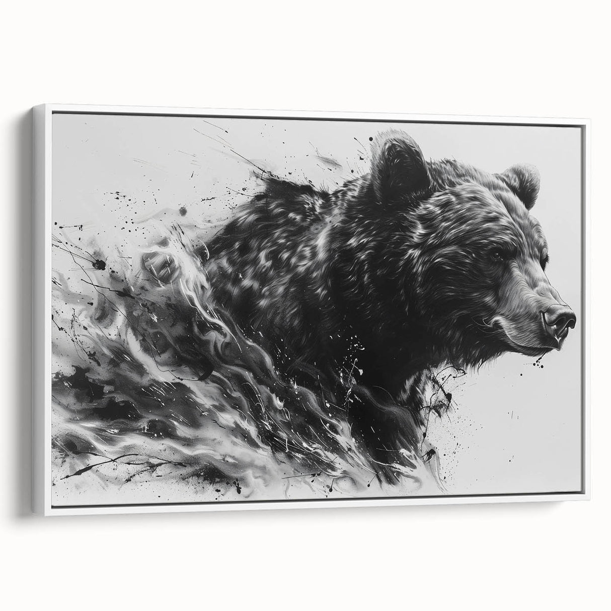 Framed canvas wall art showcasing a striking black bear design on a white background, viewed from the side, perfect for nature-themed home decor.