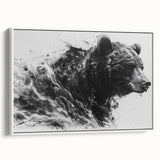 Framed canvas wall art showcasing a striking black bear design on a white background, viewed from the side, perfect for nature-themed home decor.