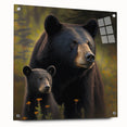 Black bear wall art design displayed in an acrylic glass frame, showcasing intricate details and a side view with visible pins for hanging. Ideal for nature-themed decor.