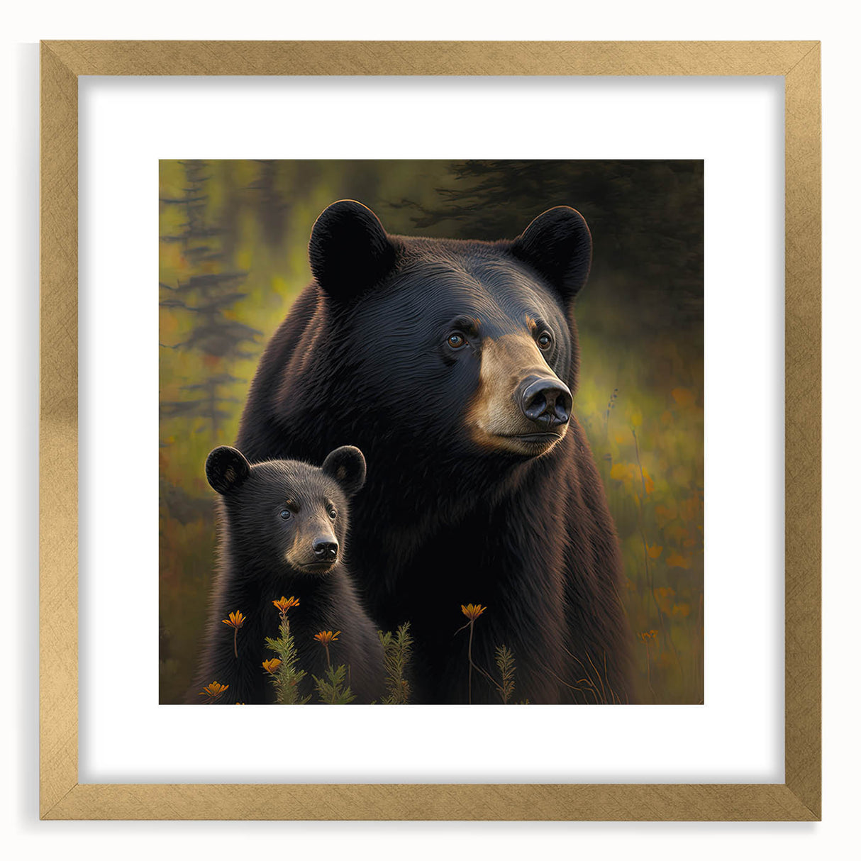 Framed black bear wall art featuring a gold mat and elegant design, showcasing wildlife aesthetics perfect for home décor, highlighting nature's beauty.