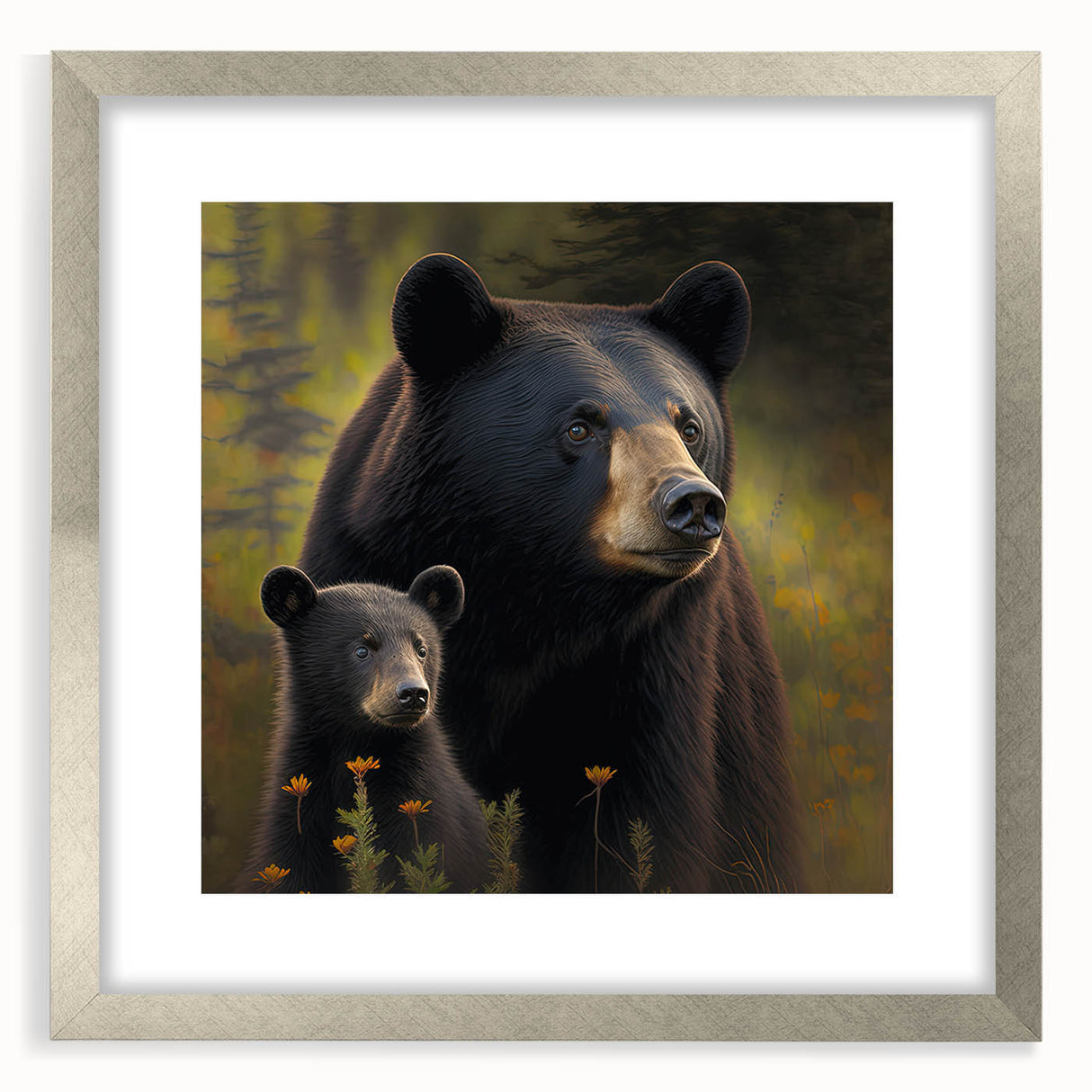 Black bear wall art design in a silver frame with a mat, showcasing a striking illustration of a black bear in a natural setting, perfect for wildlife enthusiasts.