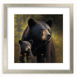 Black bear wall art design in a silver frame with a mat, showcasing a striking illustration of a black bear in a natural setting, perfect for wildlife enthusiasts.