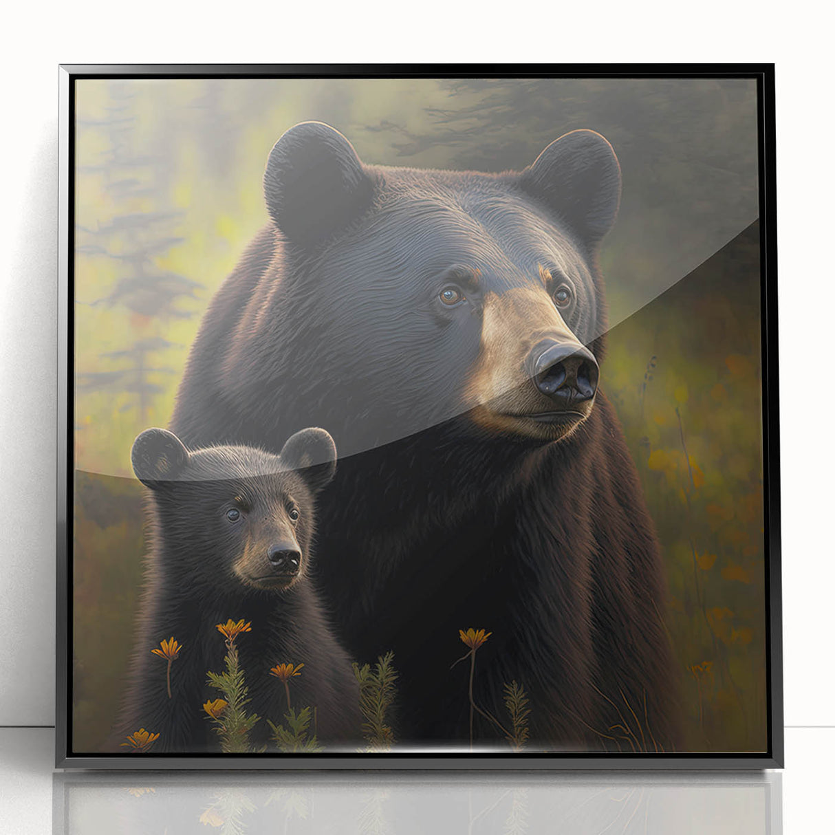 Framed wall art featuring a striking black bear design in acrylic, showcasing intricate details and vibrant colors, perfect for enhancing home décor.