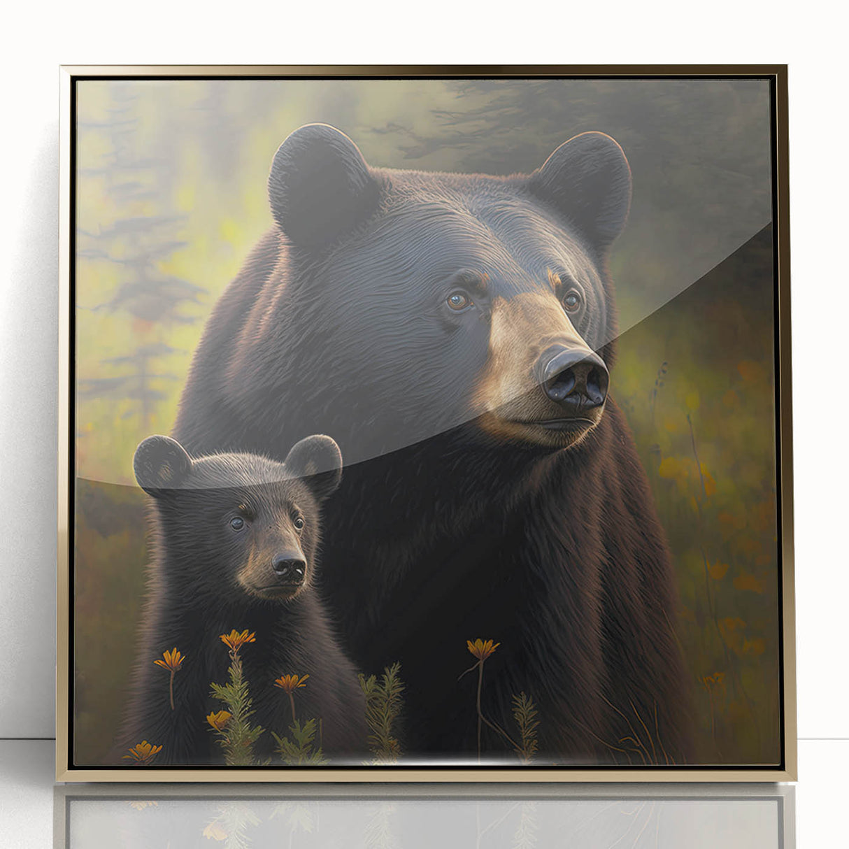 Framed wall art featuring a striking black bear design with a gold-accented acrylic front, ideal for enhancing home decor and adding a touch of nature.