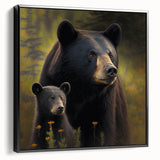 Framed canvas wall art displaying a striking black bear design, set against a neutral background. The artwork features intricate details and a sleek black frame, perfect for nature lovers and home decor enthusiasts.