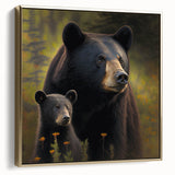 Framed wall art featuring a black bear design on canvas, showcasing intricate details and a gold frame, perfect for nature-themed decor.