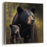 Framed wall art featuring a striking black bear design on canvas, showcasing intricate details and a sleek silver frame, ideal for nature-inspired decor.